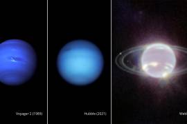 Esta imagen compuesta proporcionada por la NASA el miércoles 21 de septiembre de 2022 muestra tres imágenes de Neptuno una al lado de la otra.