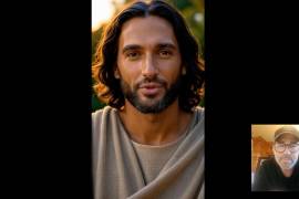 En esta imagen de un video proporcionado por Just Like Me en abril de 2026, el cofundador e inversor de la compañía, Jeff Tinsley (abajo a la derecha), interactúa con un Jesús generado por inteligencia artificial.