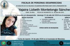 Ficha de la Fiscalía de Personas Desaparecidas con información sobre Yajaira Lizbeth Montelongo Sánchez, quien fue reportada como desaparecida desde el 21 de julio.