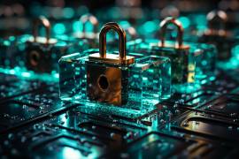 Vista trasera de un hacker que usa varias computadoras para robar datos de un escritorio