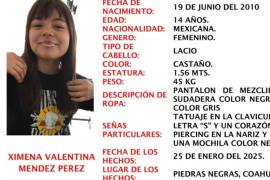 Ximena Valentina Méndez Pérez, de 14 años, desapareció en Piedras Negras; cualquier información sobre su paradero puede ser clave.