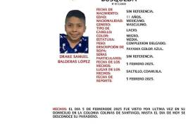 Drake Samuel Balderas López, de 11 años, desapareció el 5 de febrero en la colonia Colinas de Santiago, las autoridades piden apoyo para encontrarlo.