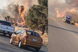 Bomberos y brigadistas trabajan intensamente en el combate del incendio que amenaza con extenderse en el arroyo cercano a Casa Madero.