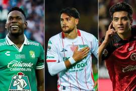 Díber Cambindo, Julián Carranza y Gilberto Mora, de izquierda a derecha, buscarán impulsar a León, Necaxa y Xolos en el arranque de la Jornada 6.