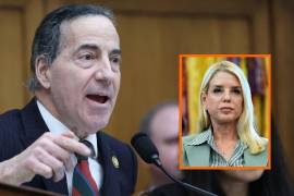 El miembro de mayor rango de la Comisión Judicial de la Cámara de Representantes, el congresista Jamie Raskin, habla al tiempo que la secretaria de Justicia Pam Bondi testifica ante una audiencia.