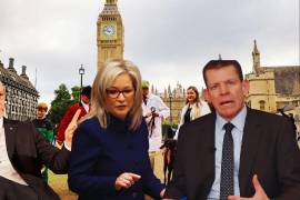 De izquierda a derecha, John Swinney, primer ministro de Escocia; Michelle O’Neill, primera ministra de Irlanda del Norte; Rhun ap Iowerth, primer ministro de Gales.