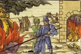 Grabado medieval mostrando a dos hombres atizando una hoguera sobre la cual arden tres mujeres.