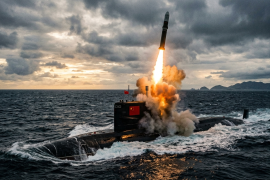 Lanzamiento simulado de un misil balístico JL-3 desde un submarino nuclear de la Armada del Ejército Popular de Liberación (PLA) de China en alta mar. Este tipo de pruebas, como la realizada recientemente en el océano Pacífico, ha generado preocupación internacional.