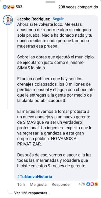 $!El alcalde Jacobo Rodríguez calificó de “loco” al exgerente Lorenzo Menera durante su respuesta a las acusaciones sobre presuntos malos manejos en SIMAS.
