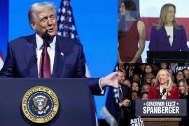 El presidente de Estados Unidos, Donald Trump, Abigail Spanberger primera mujer gobernadora de Virginia y la demócrata Mikie Sherrill nueva gobernadora de Nueva Jersey.