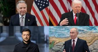 (Arriba i y d.), Steve Witkoff principal autor del plan de Paz para Ucrania y Donald Trump mandatario estadounidense. (Abajo iy d.) Volodímir Zelenski presidente ucraniano y su homólogo Vladímir Putin.