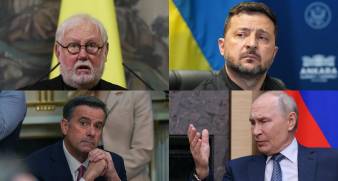 Izquierda, (arriba/Abajo) Paul Richard Gallagher, jefe de la diplomacia del Vaticano y John Ratcliffe, director de la CIA. Arriba (arriba/Abajo) , Vladímir Zelenski, presidente de Ucrania yVladímir Putin mandatario ruso.