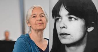 Derecha; Retrato de Daniela Klette, miembro de la Fracción del Ejército Rojo, tomado en 1988. Izquierda; Klette en se en la sala del tribunal de distrito de Verden, Alemania escucucha su condena a 13 años de prisión.