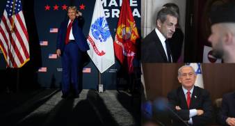 Izquierda, el expresidente estadounidense Donald Trump; arriba derecha, el exmandatario francés Nicolas Sarkozy y abajo derecha, el primer ministro israelí Benjamín Netanyahu.