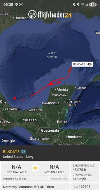 $!Imagen compartida por Código Magenta donde se muestra la presunta trayectoria de un dron estadounidense sobre el sureste mexicano