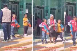 En los videos se observa a los pequeños armados con pistolas de juguete, aguardando pacientemente fuera del banco mientras su abuelas realiza el retiro correspondiente.
