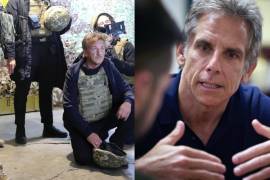 Sean Penn visita posiciones de las Fuerzas Armadas de Ucrania en la región de Donetsk (i). El Embajador de la ACNUR, Ben Stiller, con el Presidente de Ucranio en Kiev (d).