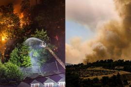 Derecha: Los bomberos arrojan agua al fuego en el Parque Nacional Ceske Svycarsko sobre el pueblo Hrensko, República Checa. Izquerda: Un incendio forestal en el Parque Nacional de Dadia, en Evros, al norte de Grecia.
