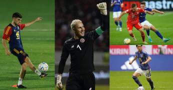 Izquierda, Pedri de la selección española de fútbol; centro, Keylor Navas guardameta de Costa Rica; arriba derecha, Joshua Kimmich (i) del Bayern Munich; abajo derecha, Daichi Kamada,de la selección de Japón.