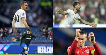 Arriba izquierda, Harry Kane de Inglaterra; arriba izquierda, Mehdi Taremi de Irán; abajo izquierda , Mehdi Taremi de Estados Unidos y abajo derecha Gareth Bale.