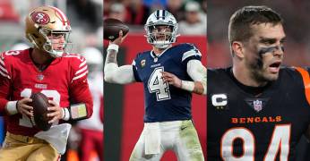Brock Purdy, quarterback de 49ers (i); Dak Prescott, mariscal de campo de Cowboys (c) y Sam Hubbard, defensivo de Bengals (d).