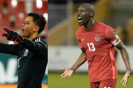 El portero mexicano Alfredo Talavera (d) gesticula durante el partido amistoso de fútbol entre México e Irak. El canadiense Atiba Hutchinson (i) celebra marcar el primer gol de su equipo contra El Salvador.