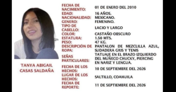 La Fiscalía de Personas Desaparecidas de Coahuila difundió el Reporte N° 109/2026 para solicitar la colaboración ciudadana en la localización de Tanya.