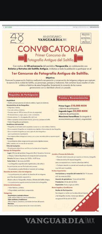 $!La convocatoria, que estará abierta hasta el 31 de marzo de 2025, busca resaltar la riqueza histórica y cultural de Saltillo a través de fotografías que documenten sus tradiciones y paisajes más emblemáticos.