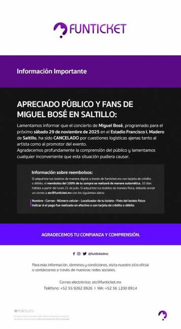 $!El comunicado de Funticket confirmó la cancelación por “cuestiones logísticas”.