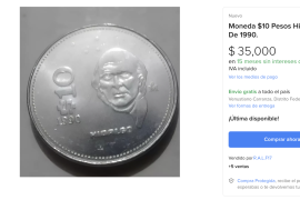 Mmoneda de 10 pesos de 1990, que se encuentra en venta por hasta $35,000 en plataformas como Mercado Libre.