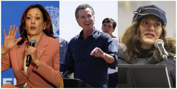La vicepresidenta, Kamala Harris (i), y los gobernadores de California, Gavin Newsom (c), y de Míchigan, Gretchen Whitmer; posibles sustitutos de Joe Biden rumbo a las elecciones estadounidenses en noviembre.