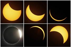 Esta combinación de fotografías muestra el trayecto del sol durante un eclipse total, el lunes 21 de agosto de 2017, cerca de Redmond, Oregon.