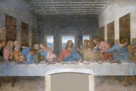 En la pintura ‘La Última Cena’ de Leonardo Da Vinci, que se observa en esta reproducción fotográfica tras una de sus restauraciones, se observa un largo mantel con bordados azules.