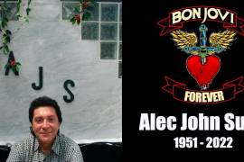 Alec John Such (i), bajista y uno de los fundadores de rock Bon Jovi. Tributo de la banda estadounidense a Alec John Such (d).