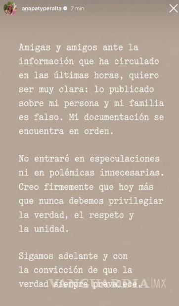 $!MENSAJE QUE PUBLICÓ PERALTA EN SUS HISTORIAS DE LA RED SOCIAL.