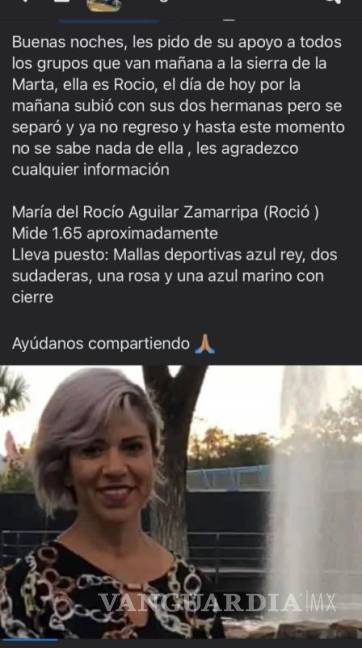 $!María del Rocío Aguilar Zamarripa, de 58 años de edad, se extravió el 8 de ctubre, cuando subió a la Sierra de la Marta en Arteaga.
