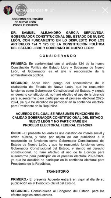 $!Samuel García confirma la decisión de regresar al Gobierno de Nuevo León y abandonar la contienda de Movimiento Ciudadano por la Presidencia.