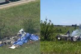 Un montón de metal azul y plateado retorcido y destrozado yacía en el césped cerca del Aeropuerto Memorial de Butler, con una enorme fila de vehículos de emergencia en una calle cercana.