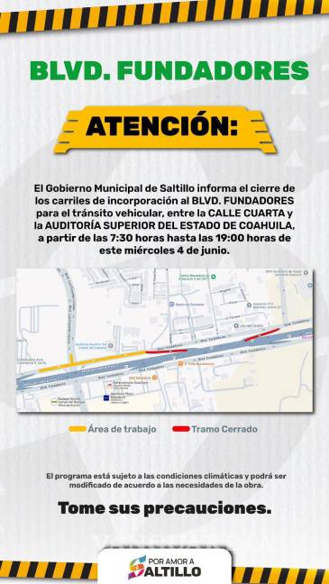 $!¡Atención Saltillo! Cierran carriles de incorporación en Fundadores por trabajos de recarpeteo este miércoles