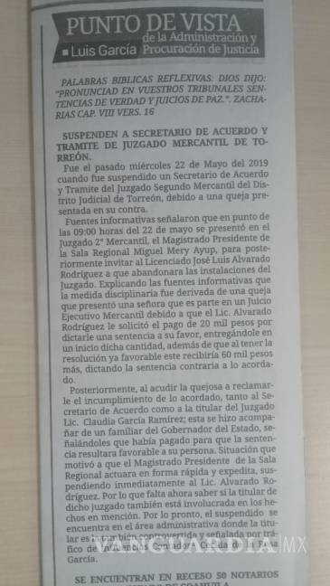 $!Suspenden por corrupción a Secretario del Juzgado Segundo Mercantil en Torreón