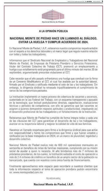 $!Estalla huelga nacional de Nacional Monte de Piedad: sindicato denuncia violaciones a convenio