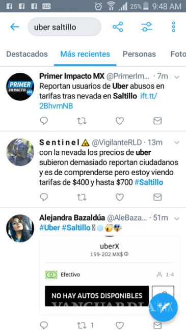 $!Reportan usuarios de Uber abusos en tarifas tras nevada en Saltillo