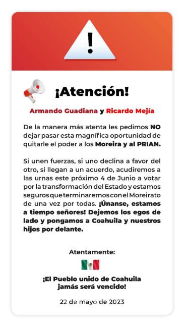$!Boletín a través del cual se pide a Guadiana y a Berdeja ir juntos en la elección del 4 de junio en Coahuila.