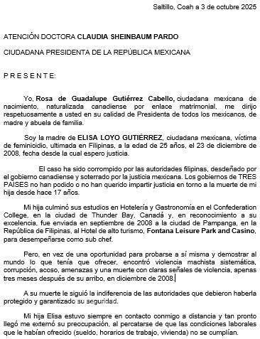 $!La abogada señala omisiones y presunta corrupción de autoridades filipinas, canadienses y mexicanas, y pide que se reabra la investigación como feminicidio.