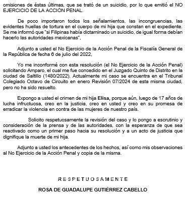 $!La carta fue enviada a la presidenta Claudia Sheinbaum.