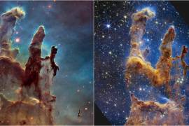 Dos imágenes de los Pilares de la Creación, una tomada en 2014 (i) y la última tomada de la luz del infrarrojo cercano al telescopio espacial de la NASA James Webb (d).