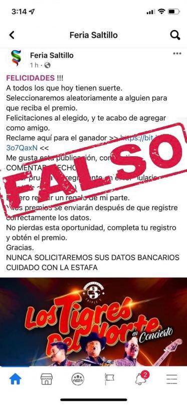 $!Cabe mencionar que hace un mes, a través de su página de Facebook, la Feria de Saltillo advirtió sobre una página falsa con el mismo nombre que ofertaba un sorteos para próximos eventos.