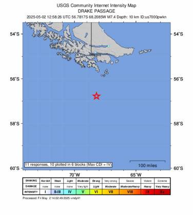 Sacude terremoto de 7.5 grados Richter el extremo austral de Chile y emiten alerta de tsunami