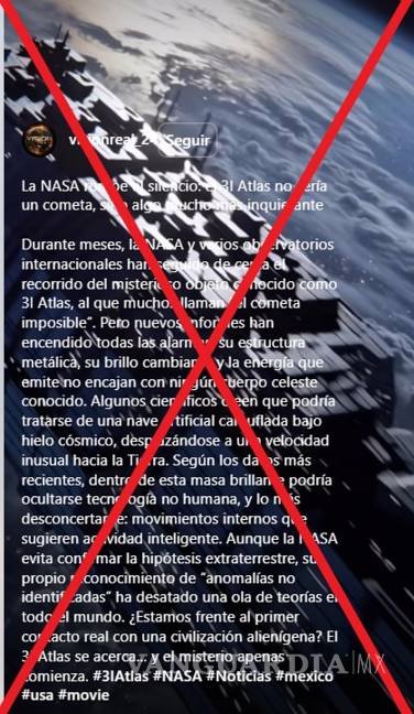$!Uno de los mensajes falsos en los que afirma que el cometa 31/Atlas es una nace espacial extraterrestre.