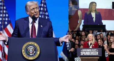 El presidente de Estados Unidos, Donald Trump, Abigail Spanberger primera mujer gobernadora de Virginia y la demócrata Mikie Sherrill nueva gobernadora de Nueva Jersey.